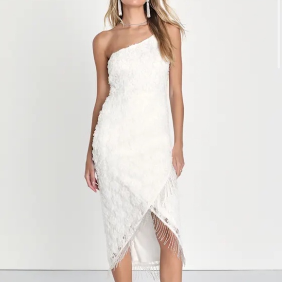 Lulus Stunning Destiny Ivory One-shoulder 3d Floral Midi Dress White - Size S - Picture 5 of 5